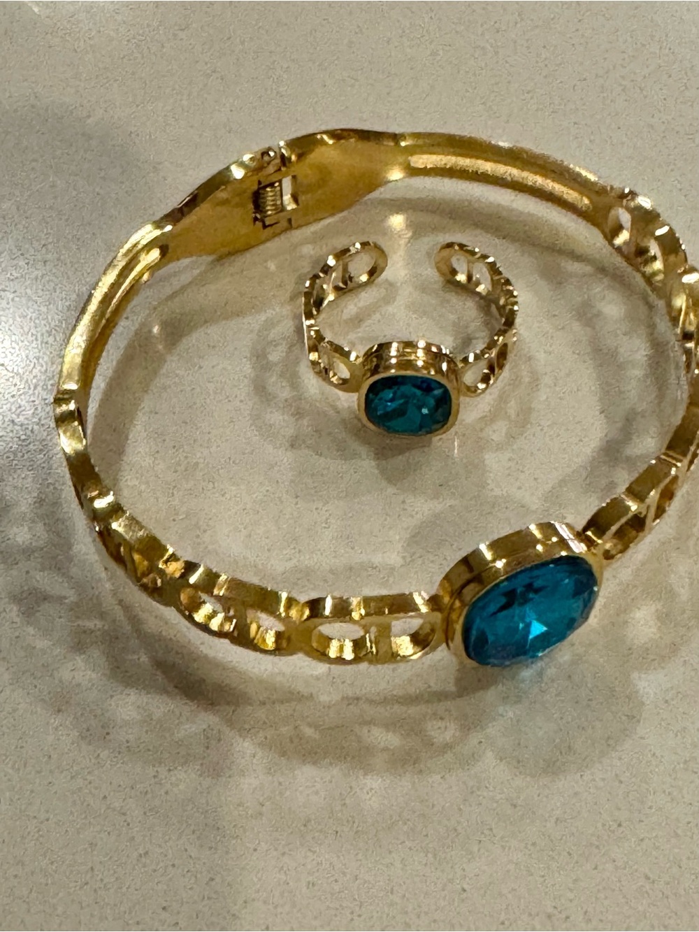 Gold-Tone Bracelet and Ring Set with Blue Stones